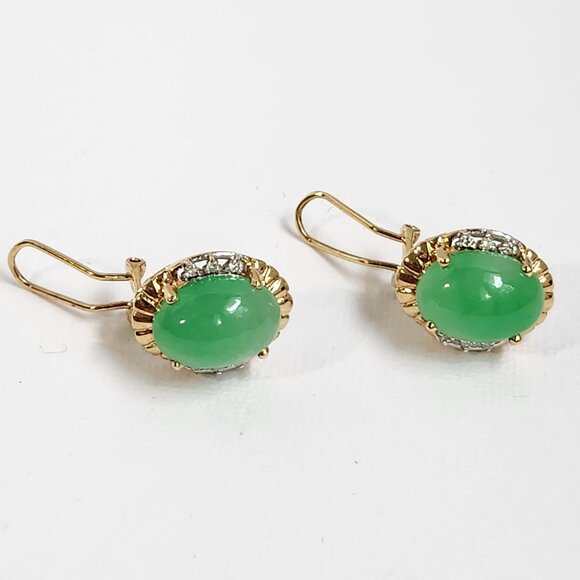 9.29g 18K Gold Genuine Jade Jadeite Diamond Omega Back Earrings 80s VTG - Picture 1 of 15